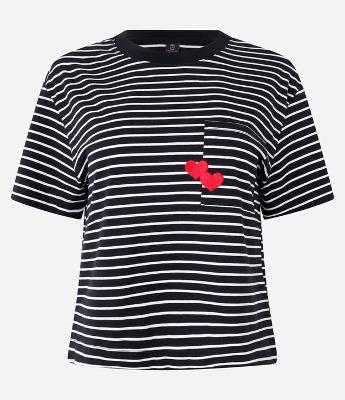 Camiseta Manga Curta Em Algodão com Estampa de Listras e coração