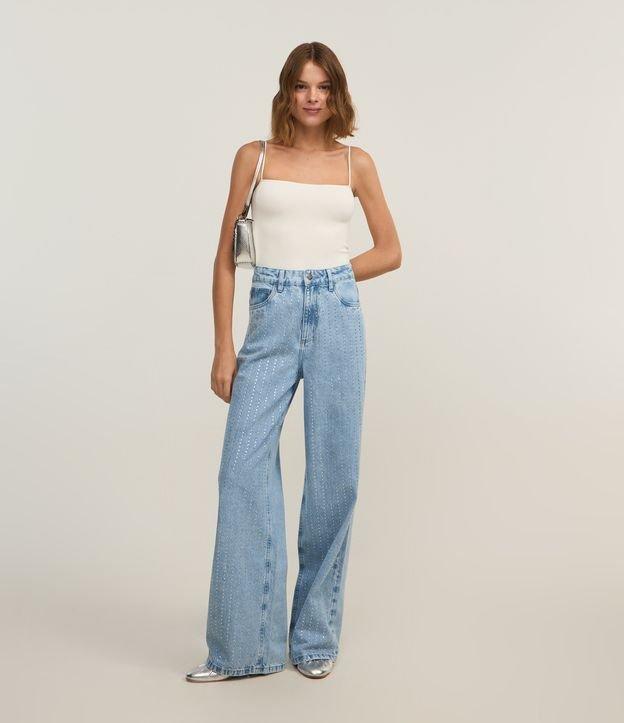 Calça Wide Leg em Jeans com Listras de Brilhos - 2