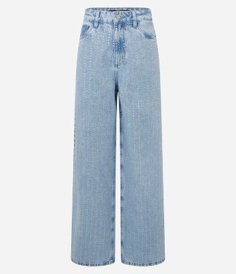 Calça Wide Leg em Jeans com Listras de Brilhos