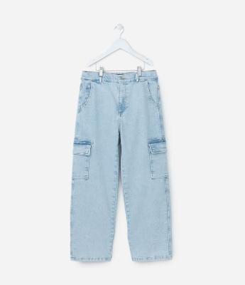 Calça Baggy Infantil Jeans com Bolso Cargo - Tam 7 a 14 Anos