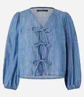 Blusa em Jeans com Laços Frontais e Manga Bufante - 1