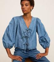 Blusa em Jeans com Laços Frontais e Manga Bufante - 2