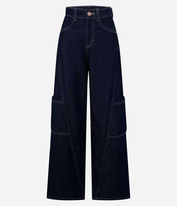 Calça Wide em Jeans com Recorte Transpassado e Bolso Cargo - 1