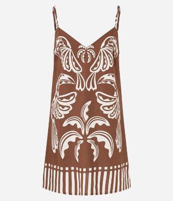 Vestido Curto em Viscose e Linho com Estampa Folhagens