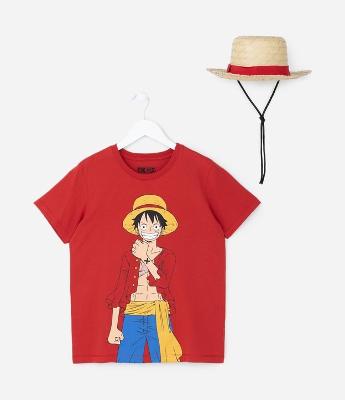 Camiseta Infantil com Estampa One Piece e Chapéu de Palha - Tam 7 a 14 Anos