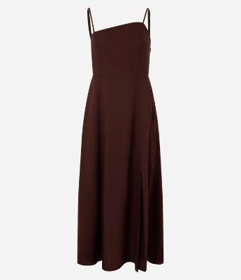 Vestido Longo em Viscose e Linho com Decote Assimétrico e Fenda Lateral