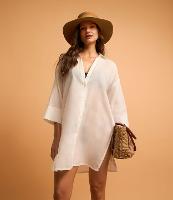 Saída de Praia Bata Chemise em Voal com Botões - 1