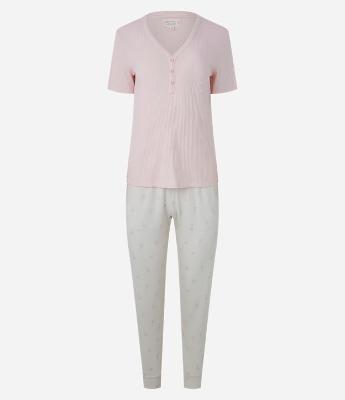 Pijama Longo em Ribana com Estampa de Poá e Gola V