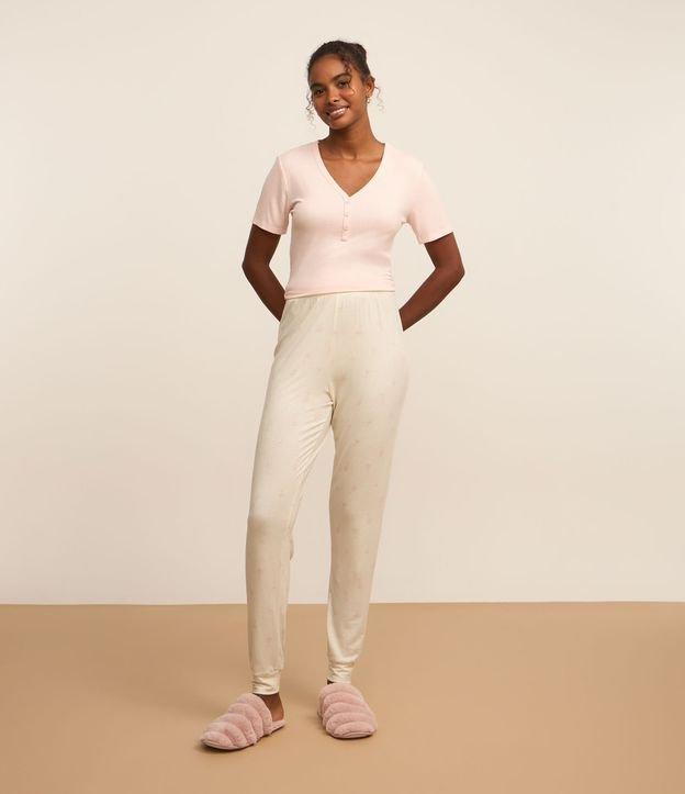 Pijama Longo em Ribana com Estampa de Poá e Gola V - 2