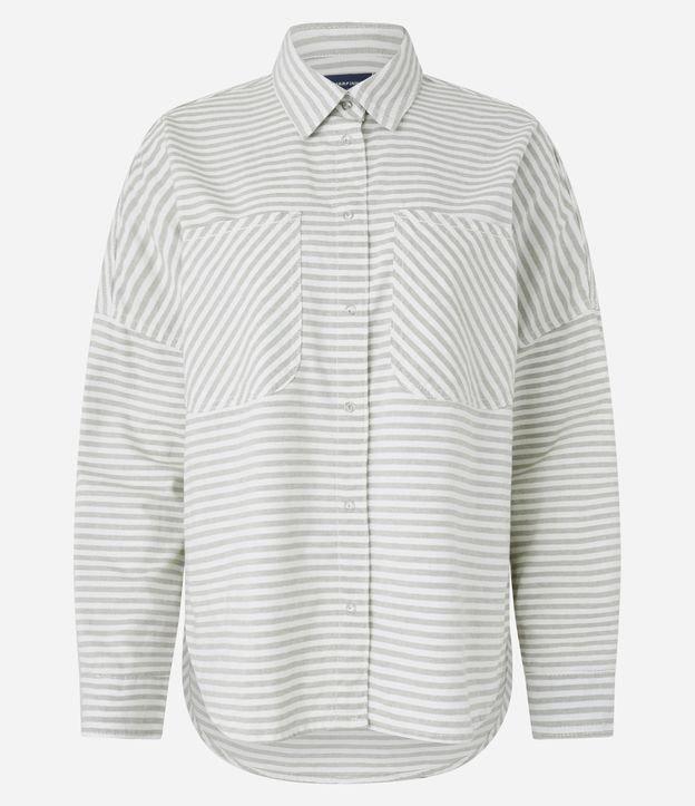 Camisa Alongada em Jeans com Listras Variadas e Bolsos - 1