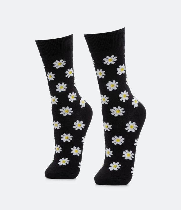 Meia Cano Alto em Algodão com Estampa de Margaridas - 1