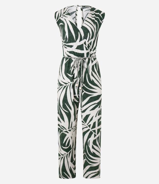 Macacão Longo em Viscose Estampada de Folhagens e Decote Transpassado - 1