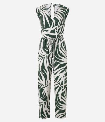 Macacão Longo em Viscose Estampada de Folhagens e Decote Transpassado