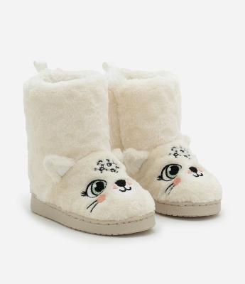 Pantufa Botinha Infantil em Fleece com Bordado de Oncinha - Tam 19 ao 28