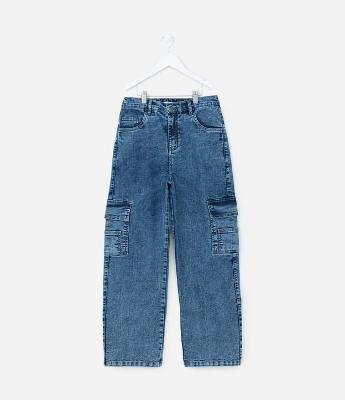 Calça Baggy Infantil em Jeans com Bolsos Cargo - Tam 7 a 14 Anos