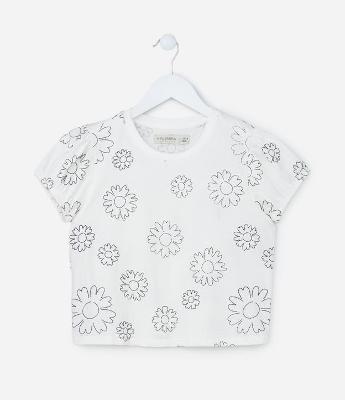Blusa Infantil com Manga Bufante e Estampa de Flor Puff - Tam 5 a 14 anos