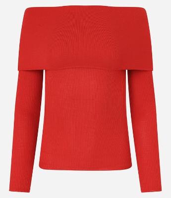 Blusa Ombro a Ombro em Tricô Canelado com Decote Virado