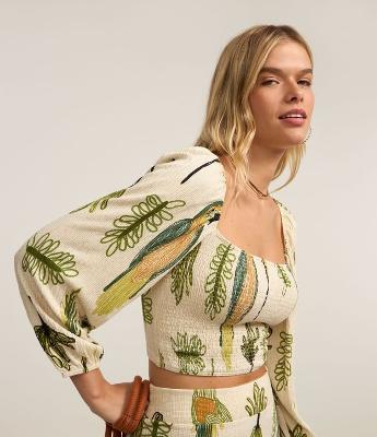 Blusa Cropped Texturizada com Estampa Folhagens