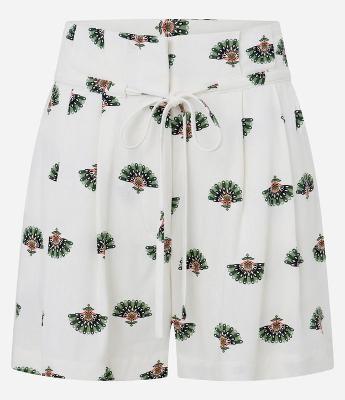 Short Curto em Viscose e Linho com Estampa Folhagens