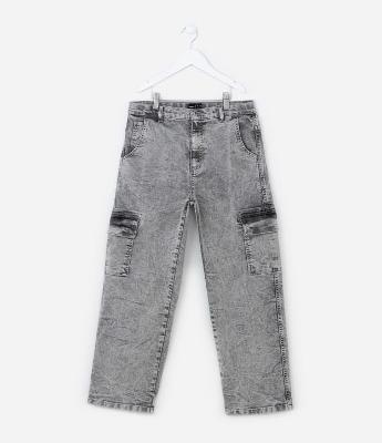 Calça Baggy em Jeans Marmorizado com Bolso Cargo - Tam 7 a 14 anos