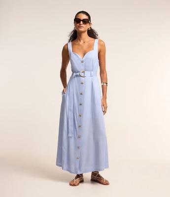 Vestido Midi Sem Manga em Viscolinho com Decote Coração