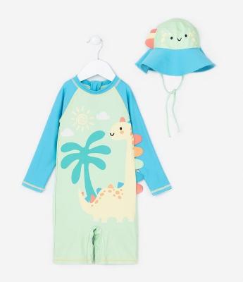 Conjunto Infantil com Proteção Uv e Estampa de Dino - Tam 6 meses a 4 Anos