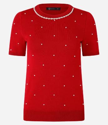 Blusa em Tricô com Aplicação de Pérolas e Strass