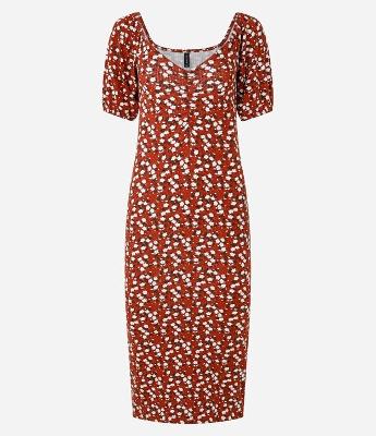 Vestido Midi com Decote Coração Franzido e Estampa Floral