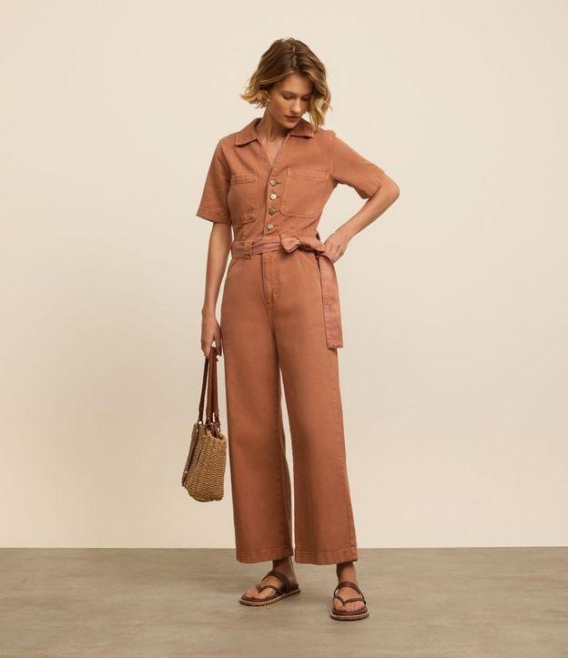 Macacão Longo Reto em Sarja com Amarração na Cintura - 1