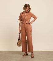 Macacão Longo Reto em Sarja com Amarração na Cintura - 1