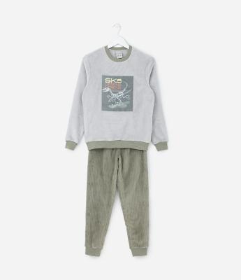 Pijama Longo Infantil com Estampa Dino Skatista - Tam 5 a 14 Anos