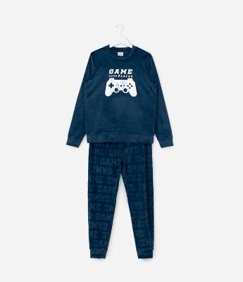 Pijama Infantil em Plush com Estampa Controle de Video-Game - Tam 5 a 14 Anos