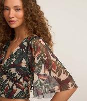 Blusa Cropped em Tule com Estampa Tropical e Mangas Amplas - 1