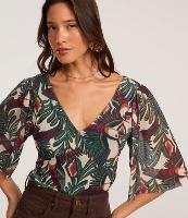 Blusa Cropped em Tule com Estampa Tropical e Mangas Amplas - 2