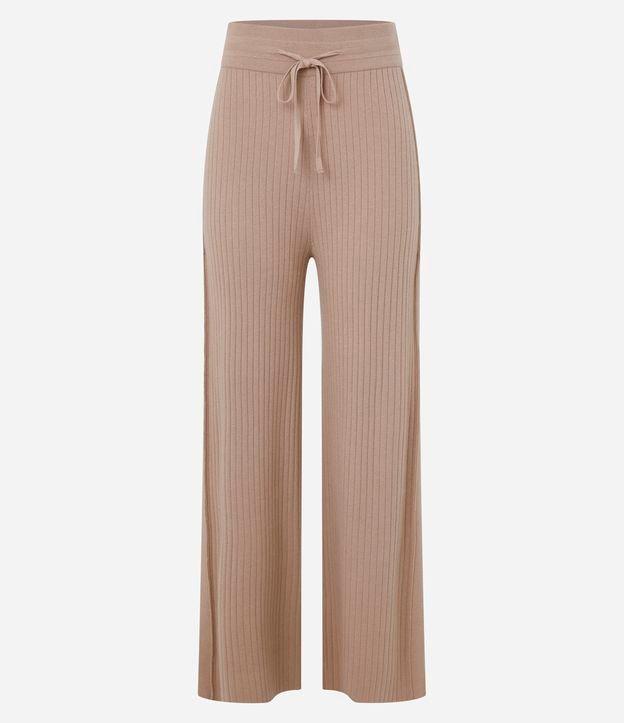 Calça Reta Cintura Alta em Tricô Canelado com Amarração - 1