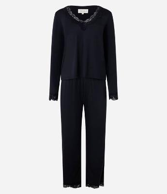 Pijama Longo em Poliamida com Renda no Decote