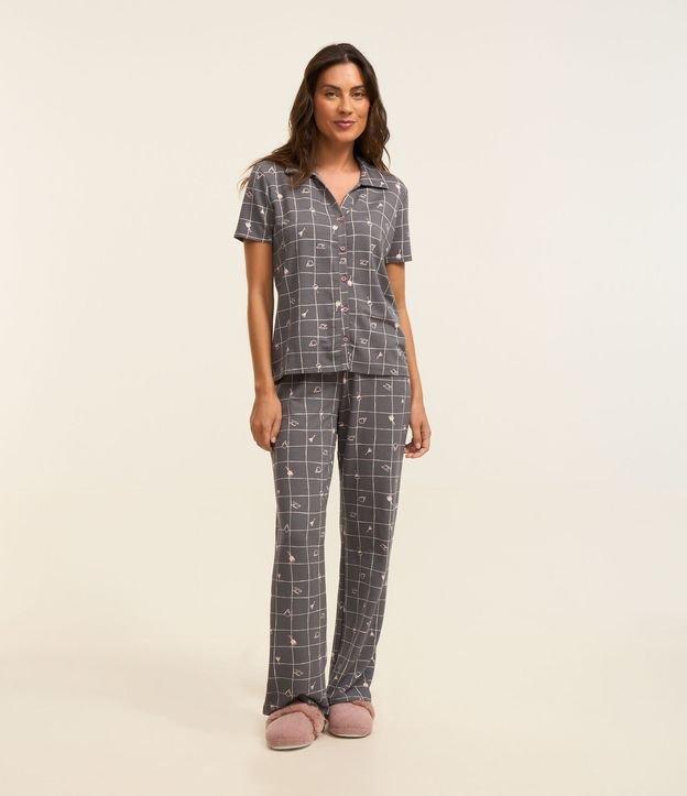 Pijama em Viscolycra com Estampa Xadrez Grid Vinho e Café - 2