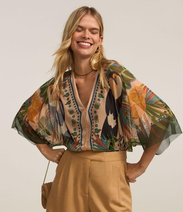 Body em Tule com Estampa Tropical e Manga Amplas - 2