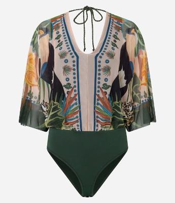 Body em Tule com Estampa Tropical e Manga Amplas