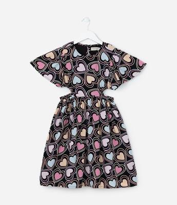 Vestido Infantil com Recortes e Estampa Corações - Tam 5 a 14 Anos