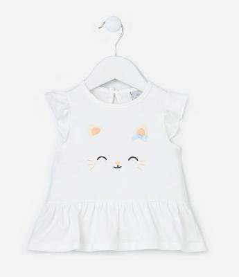 Conjunto Infantil com Estampa de Gatinha e Margaridas - Tam 0 a 18 meses