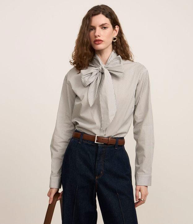 Camisa Boho em Tricoline com Gola Laço e Listras de Fio Tinto - 2