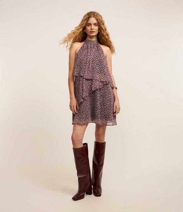 Vestido Evasê Curto em Chiffon com Estampa Abstrata - 1