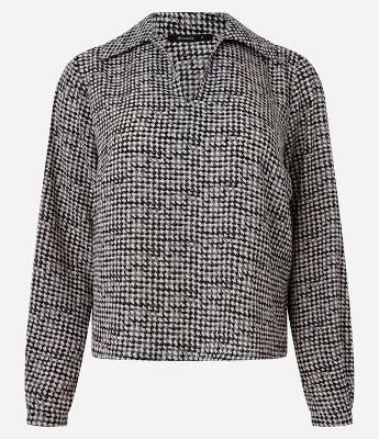 Blusa em Crepe com Estampa Pied-de-Poule e Gola Polo