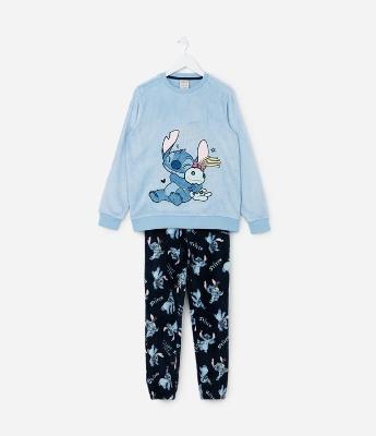 Pijama Infantil em Fleece com Bordado Stitch e Xepa - Tam 5 a 14 Anos