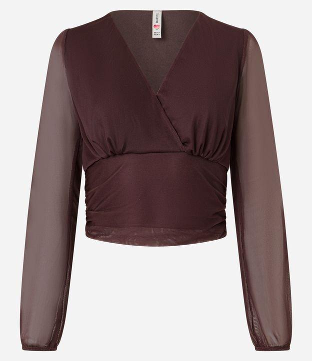Blusa Curta em Tule com Decote V Transpassado e Franzidos - 1