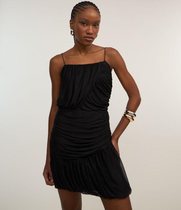 Vestido Balonê em Tule com Alça Fina e Franzidos - 1