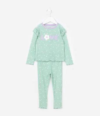 Pijama Infantil em Ribana Bordado e Babados - Tam 2 a 4 Anos