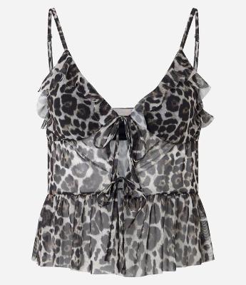 Blusa Peplum de Alcinha em Tule Animal Print com Babados e Laços