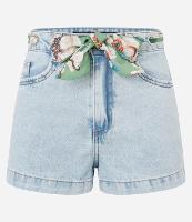 Short Slim de Cintura Alta em Jeans com Ilhós e Lenço Floral - 1